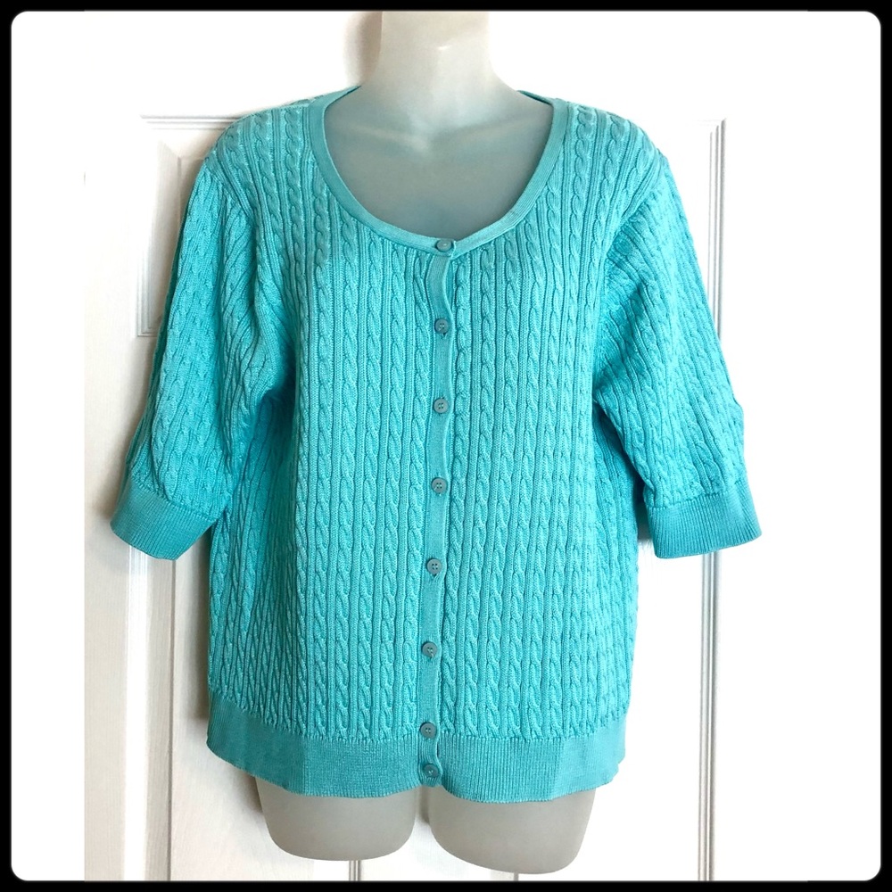 Real Clothes Turquoise Short Sleeved Cable Knit Cardigan 100% Pima Cotton